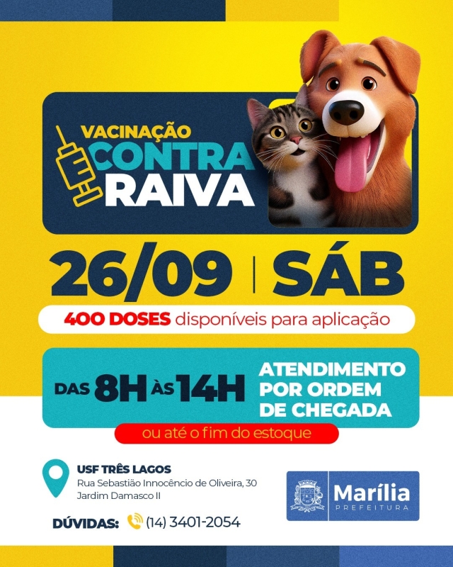 Marília terá vacinação antirrábica neste sábado na USF Três Lagos