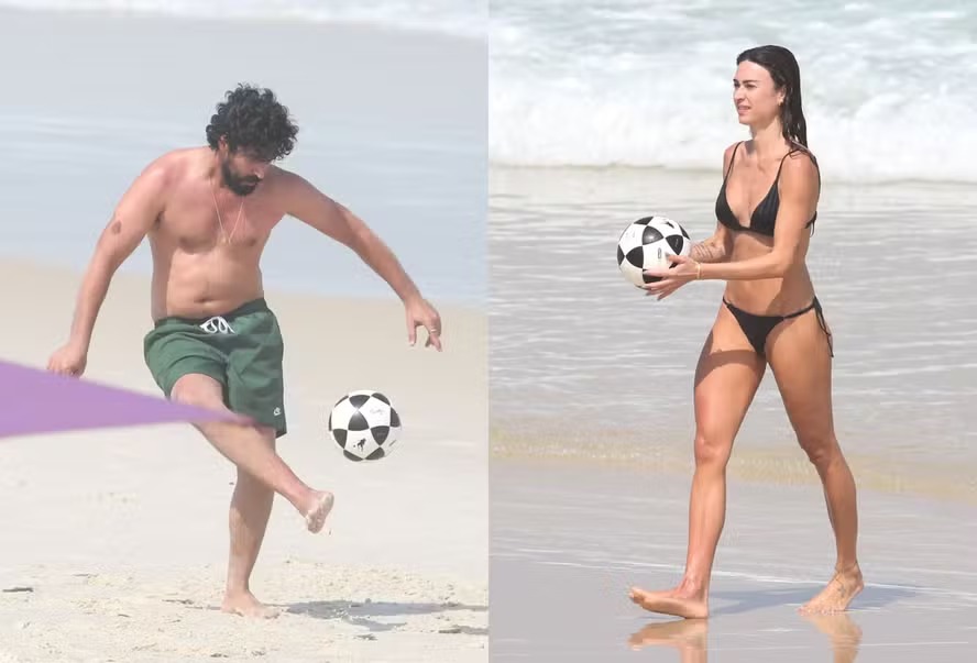 Thaila Ayala e Renato Góes praticam futevôlei na Barra da Tijuca