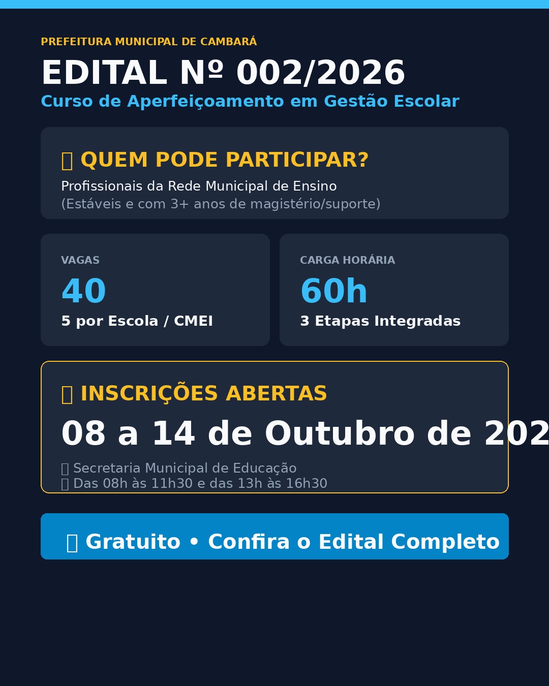 Cambará abre 40 vagas para curso de gestão escolar em 2026