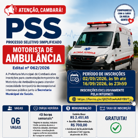 Cambará publica PSS com seis vagas para motorista de ambulância
