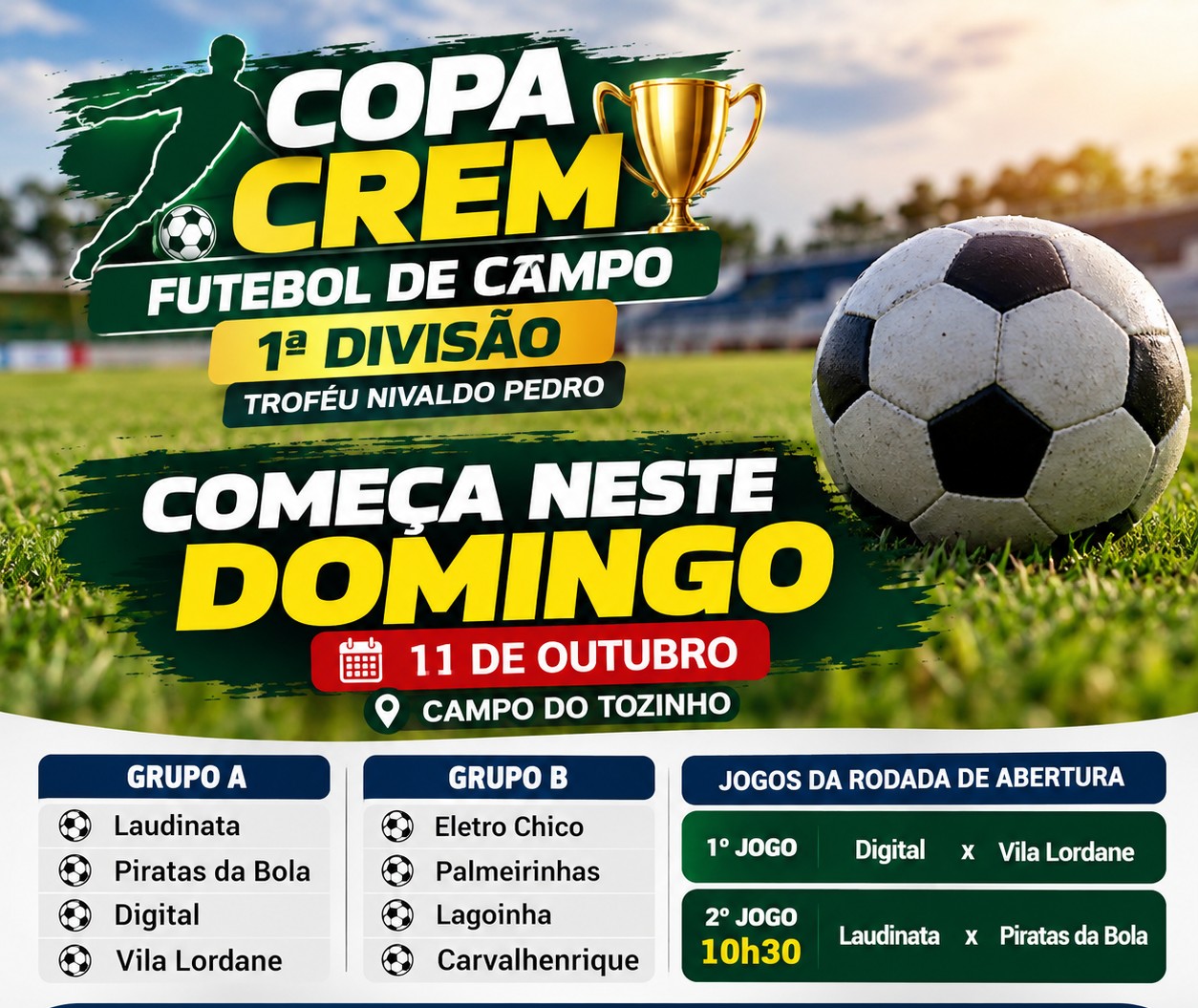 Copa CREM de Futebol da 1ª Divisão começa neste domingo em Bandeirantes